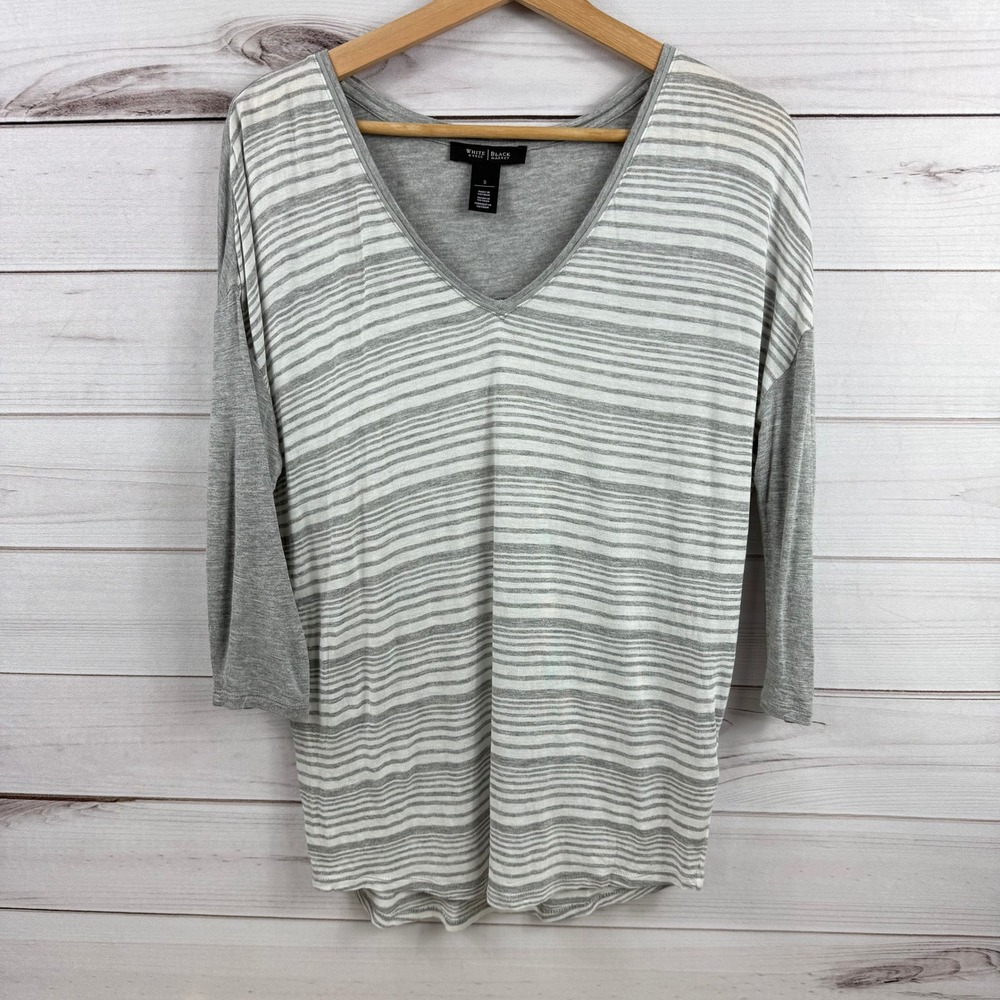 White House Black Market Striped‎ V Neck 3/4 Sleeve Top, Size S Super Soft